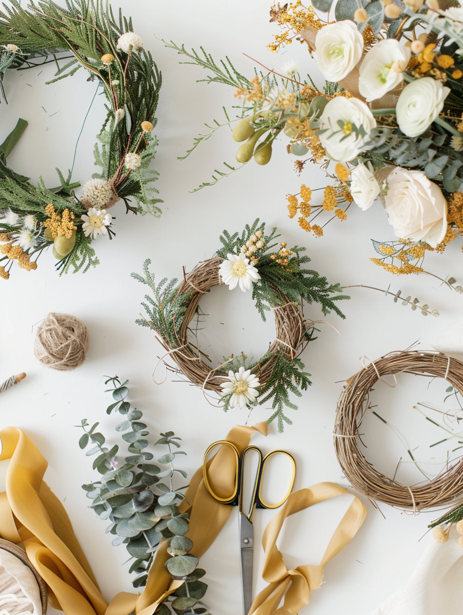 Two people creating a hanging wreath